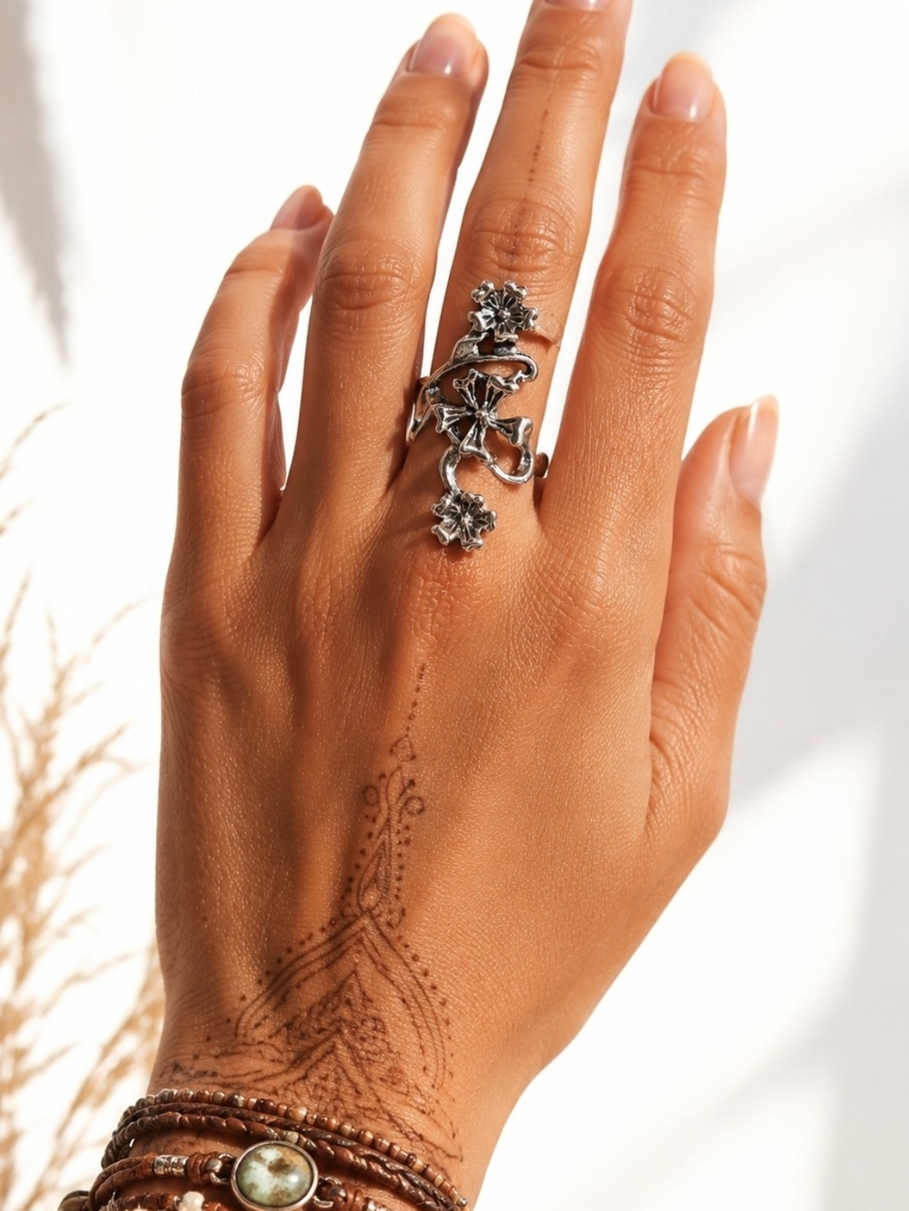 4/$15 Color: Silver Floral Vine Adjustable Ring - Women Jewelry Sz 6
